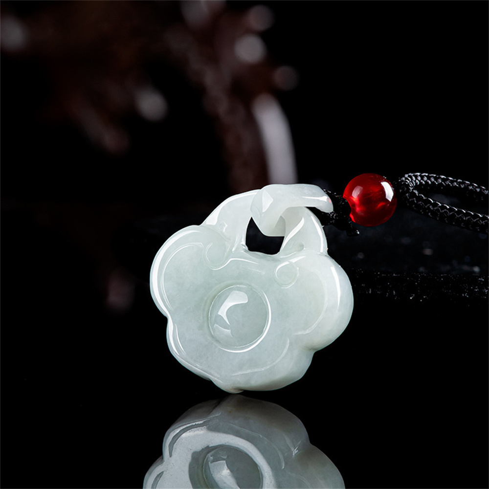 Natural Certificated Type A Untreated 28X21X5.8mm Light Green Icy Waxy Burmese Jadeite Filigree Ruyi Pendant Necklace ,Amulet Pendant Necklace