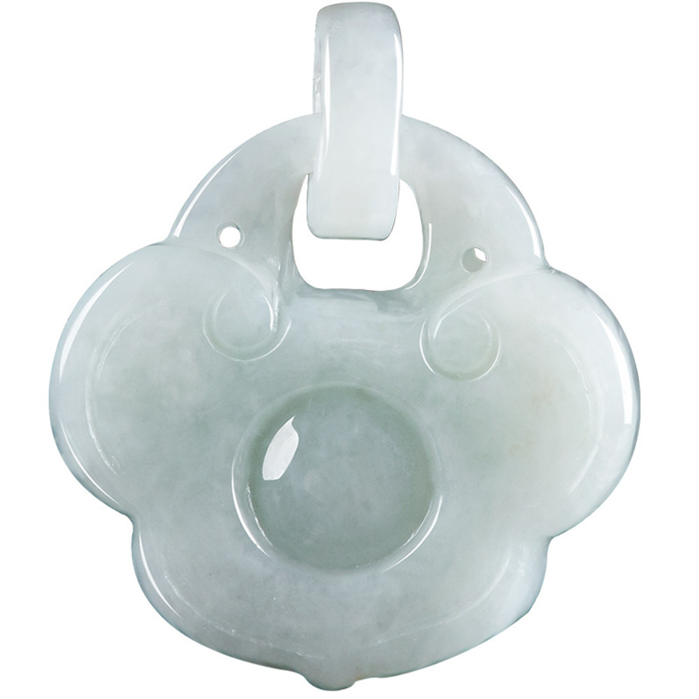 Natural Certificated Type A Untreated 28X21X5.8mm Light Green Icy Waxy Burmese Jadeite Filigree Ruyi Pendant Necklace ,Amulet Pendant Necklace