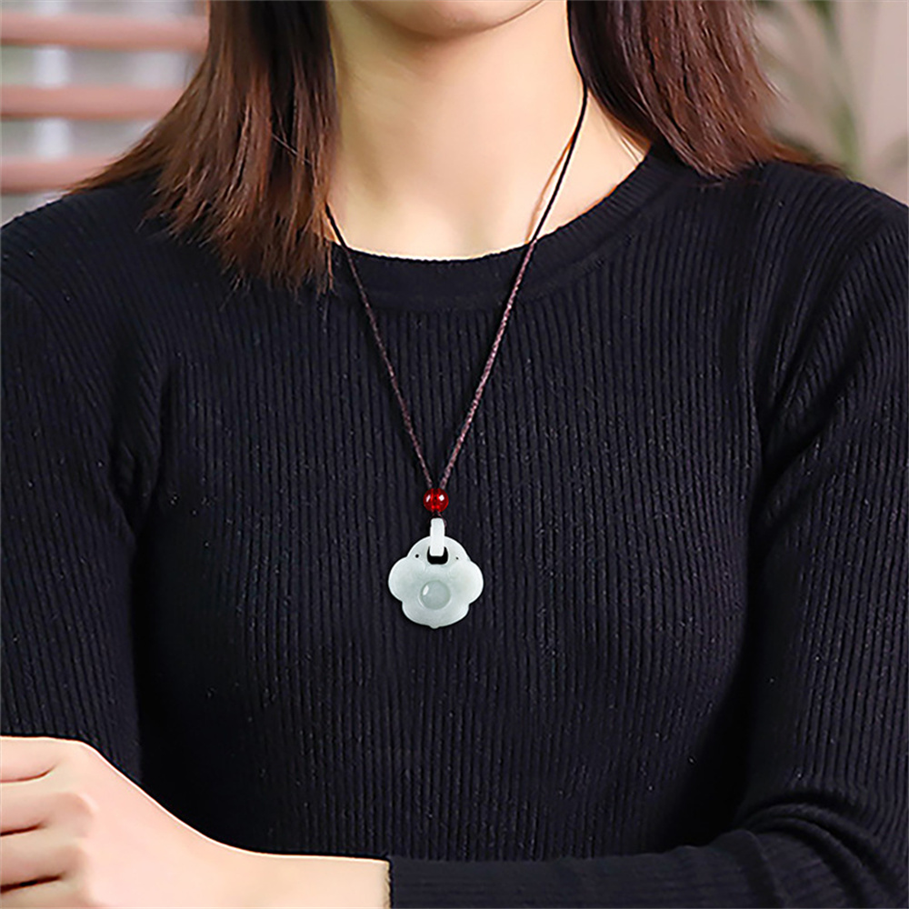 Natural Certificated Type A Untreated 28X21X5.8mm Light Green Icy Waxy Burmese Jadeite Filigree Ruyi Pendant Necklace ,Amulet Pendant Necklace
