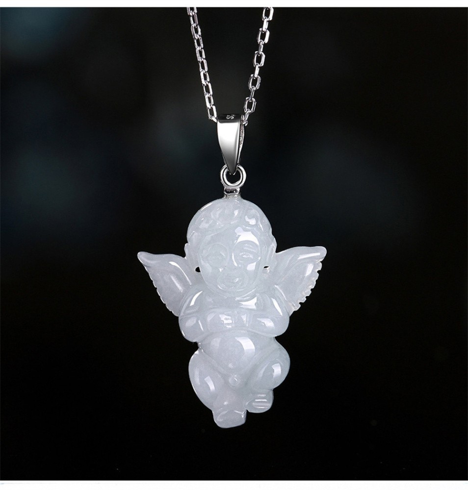 Natural Certificated Type A Untreated 23.5mmX18.5mm White Watery Burmese Jadeite Angel Baby Pendant Necklace,Amulet Pendant Necklace