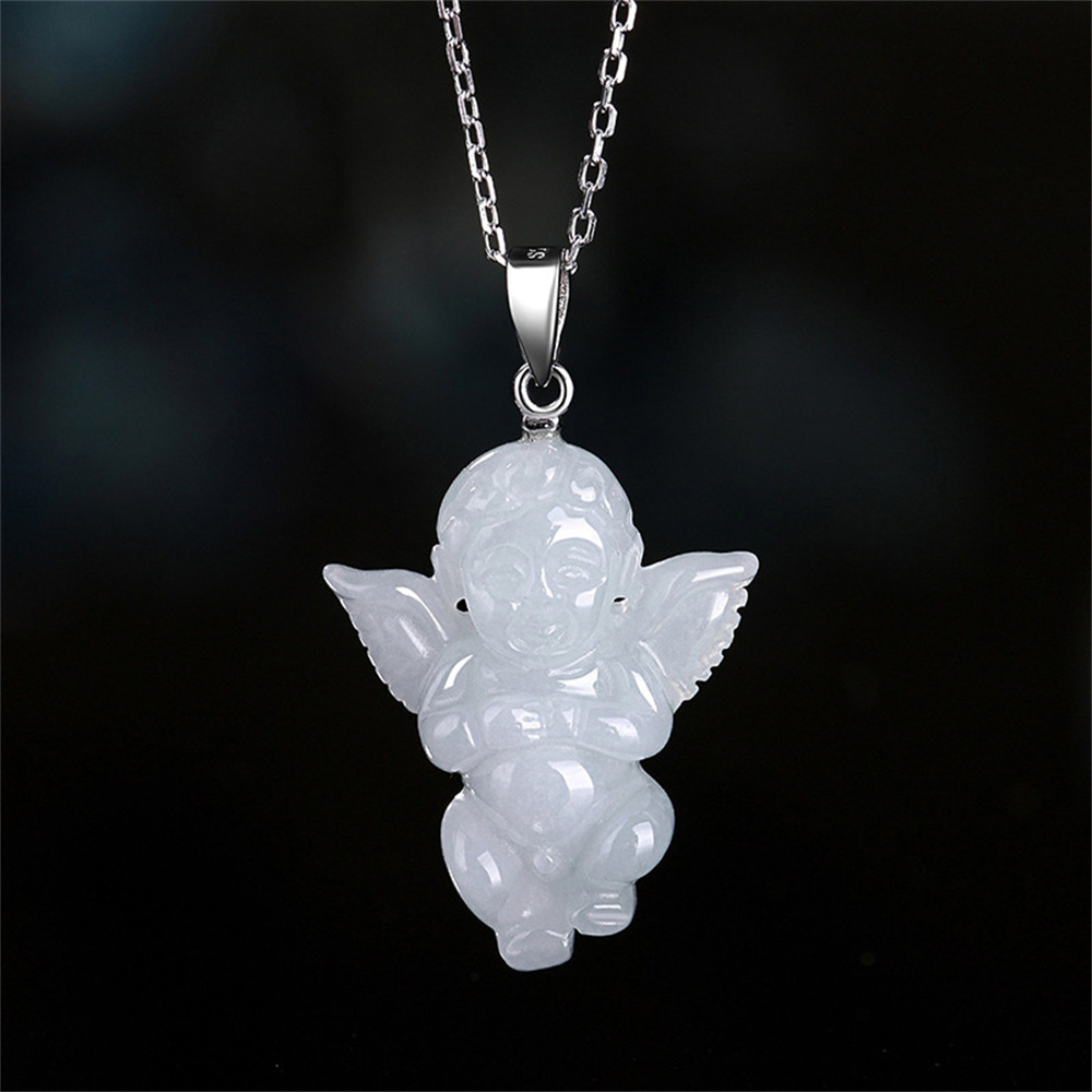 Natural Certificated Type A Untreated 23.5mmX18.5mm White Watery Burmese Jadeite Angel Baby Pendant Necklace,Amulet Pendant Necklace