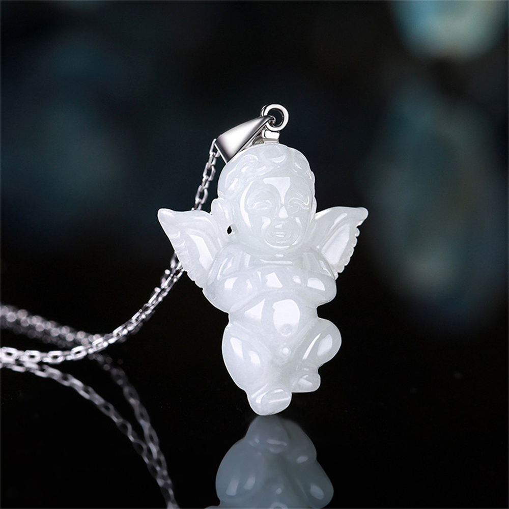 Natural Certificated Type A Untreated 23.5mmX18.5mm White Watery Burmese Jadeite Angel Baby Pendant Necklace,Amulet Pendant Necklace