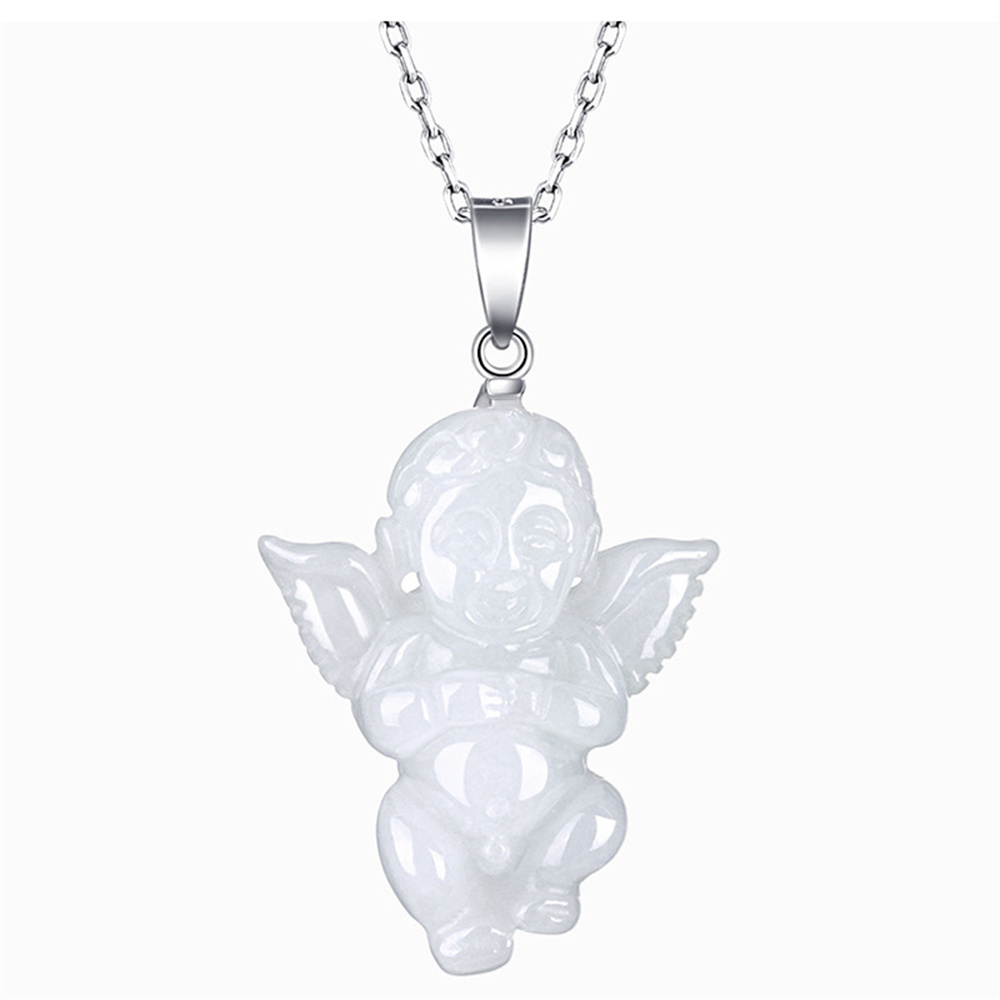 Natural Certificated Type A Untreated 23.5mmX18.5mm White Watery Burmese Jadeite Angel Baby Pendant Necklace,Amulet Pendant Necklace