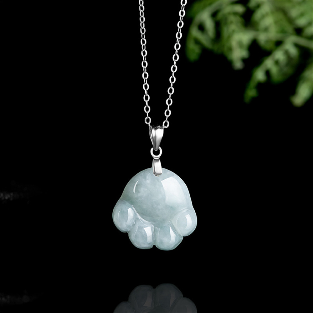 Natural Type A Untreated 25.8mmX17mmX6.5mm Light Green Watery Burmese Jadeite Cat Paw Pendant Necklace,Light Green White Pendant Necklace