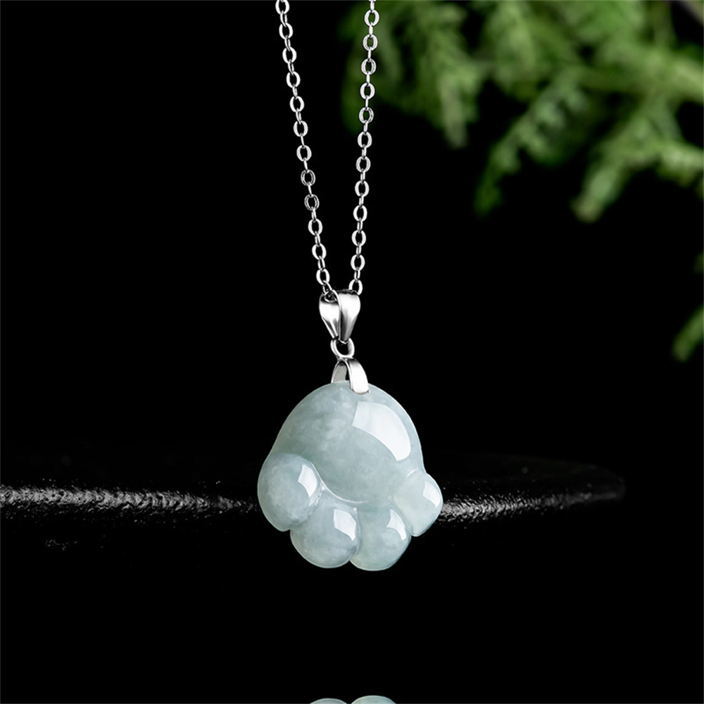 Natural Type A Untreated 25.8mmX17mmX6.5mm Light Green Watery Burmese Jadeite Cat Paw Pendant Necklace,Light Green White Pendant Necklace