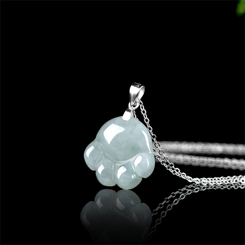 Natural Type A Untreated 25.8mmX17mmX6.5mm Light Green Watery Burmese Jadeite Cat Paw Pendant Necklace,Light Green White Pendant Necklace