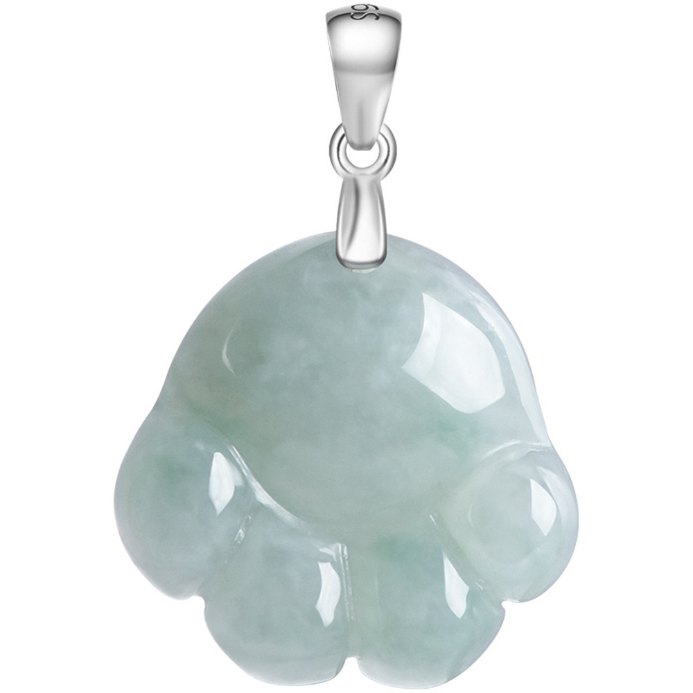 Natural Type A Untreated 25.8mmX17mmX6.5mm Light Green Watery Burmese Jadeite Cat Paw Pendant Necklace,Light Green White Pendant Necklace