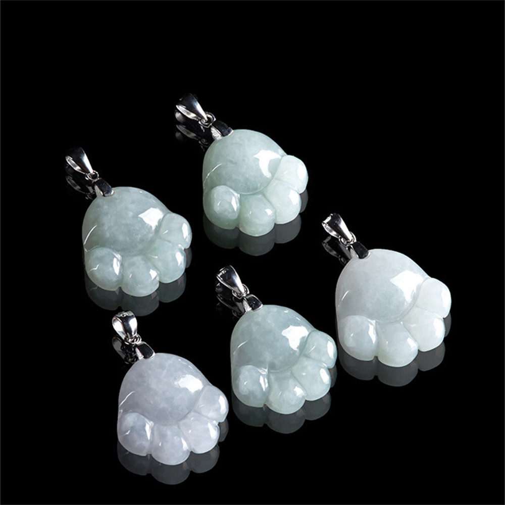 Natural Type A Untreated 25.8mmX17mmX6.5mm Light Green Watery Burmese Jadeite Cat Paw Pendant Necklace,Light Green White Pendant Necklace