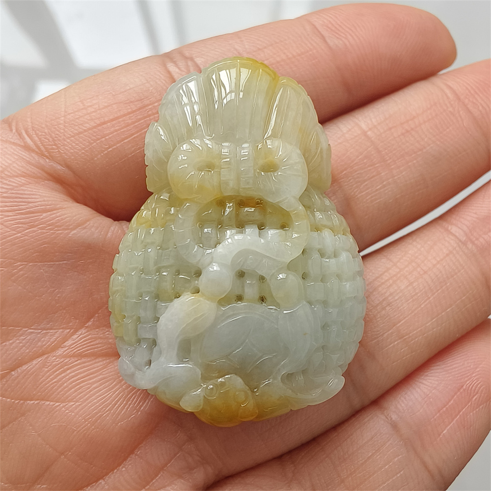 Natural Type A Untreated 38mmX27mmX14mm Icy Waxy Green Yellow Burmese Jadeite Openwork Money Bag Pendant Necklace,Waxy Burma Jadeite Loose Pendant Necklace