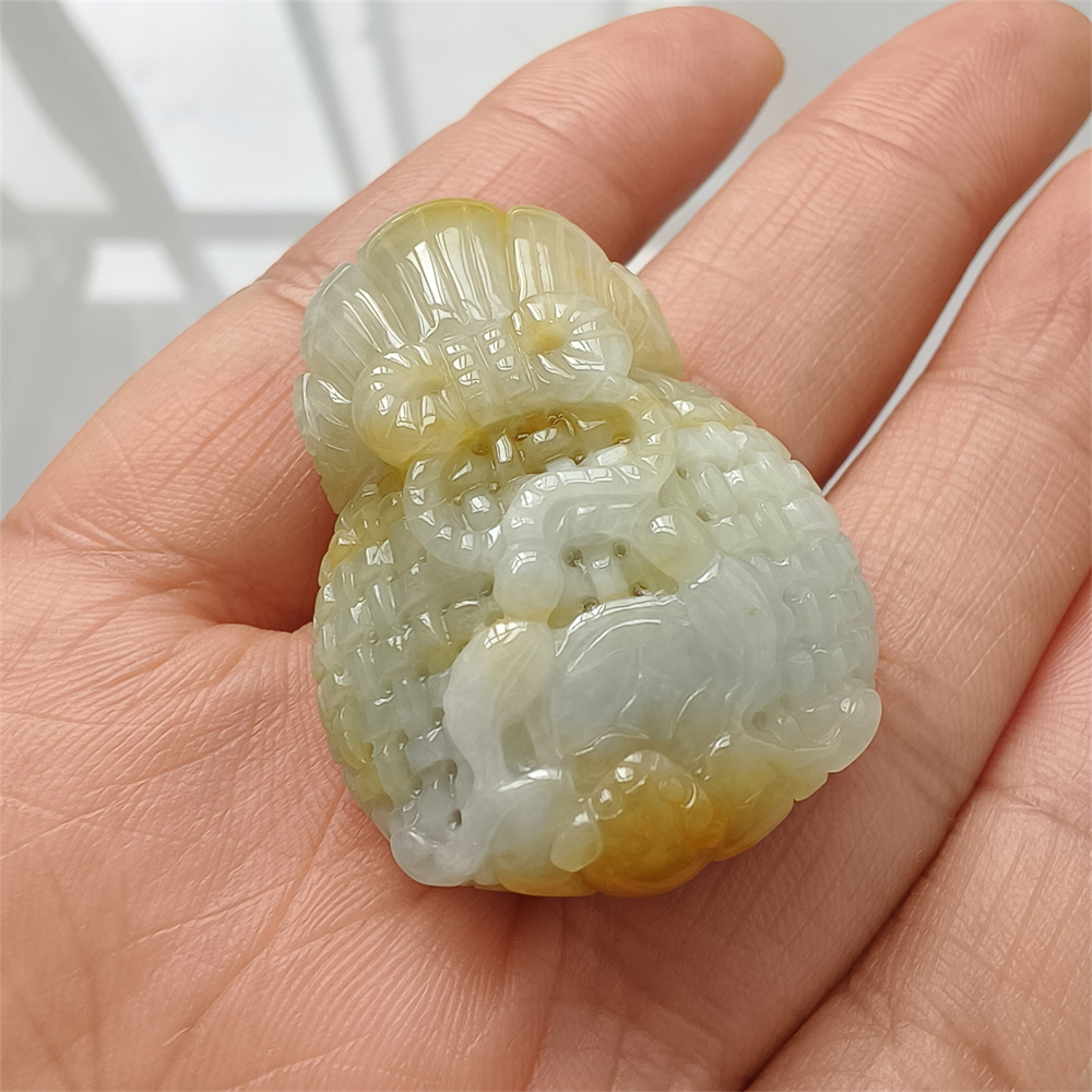 Natural Type A Untreated 38mmX27mmX14mm Icy Waxy Green Yellow Burmese Jadeite Openwork Money Bag Pendant Necklace,Waxy Burma Jadeite Loose Pendant Necklace