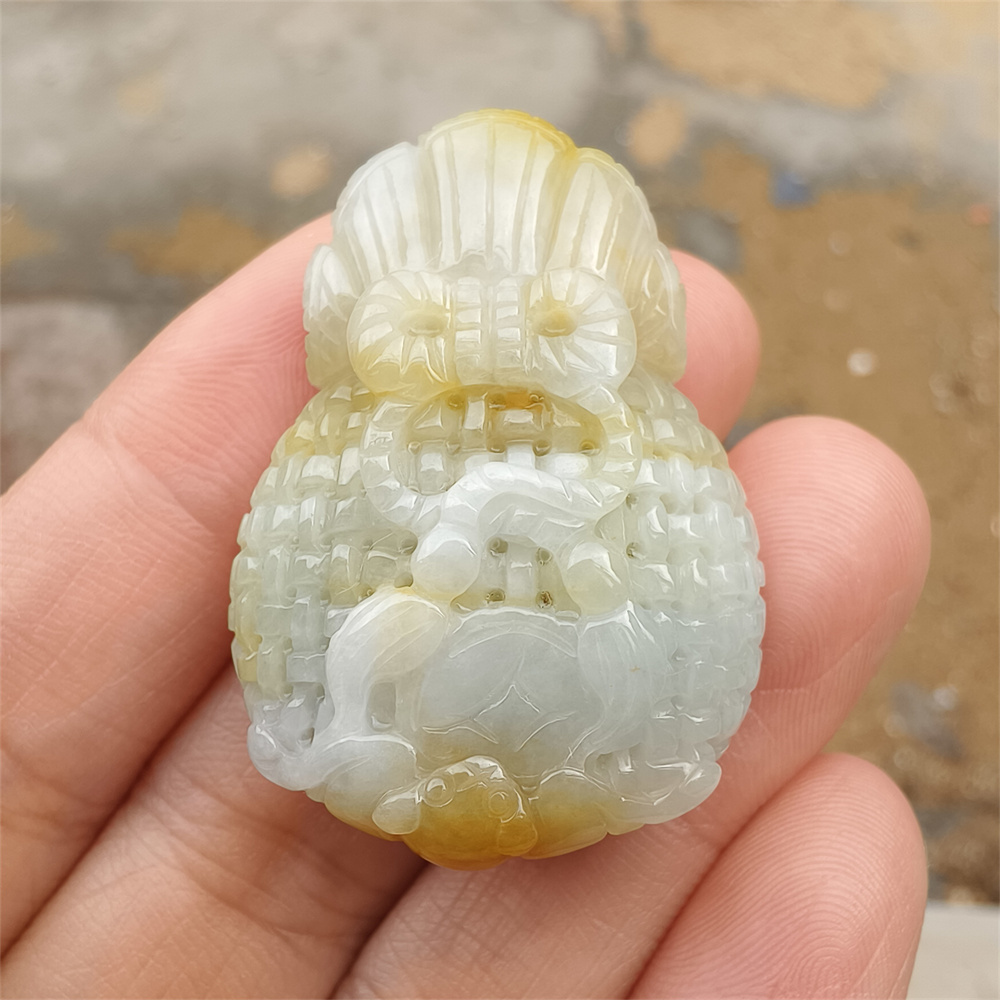 Natural Type A Untreated 38mmX27mmX14mm Icy Waxy Green Yellow Burmese Jadeite Openwork Money Bag Pendant Necklace,Waxy Burma Jadeite Loose Pendant Necklace