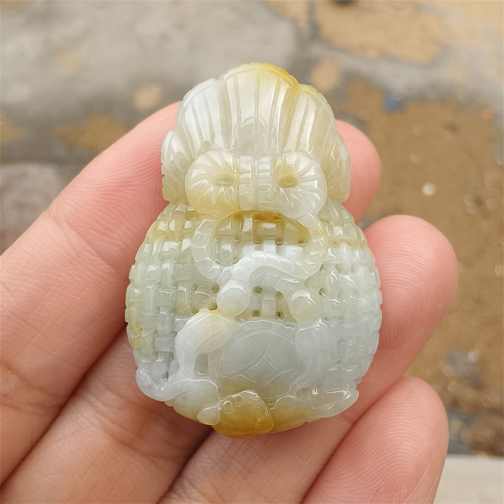 Natural Type A Untreated 38mmX27mmX14mm Icy Waxy Green Yellow Burmese Jadeite Openwork Money Bag Pendant Necklace,Waxy Burma Jadeite Loose Pendant Necklace