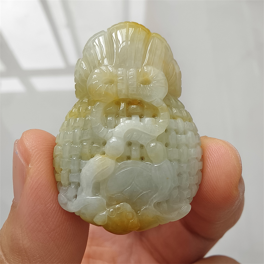 Natural Type A Untreated 38mmX27mmX14mm Icy Waxy Green Yellow Burmese Jadeite Openwork Money Bag Pendant Necklace,Waxy Burma Jadeite Loose Pendant Necklace