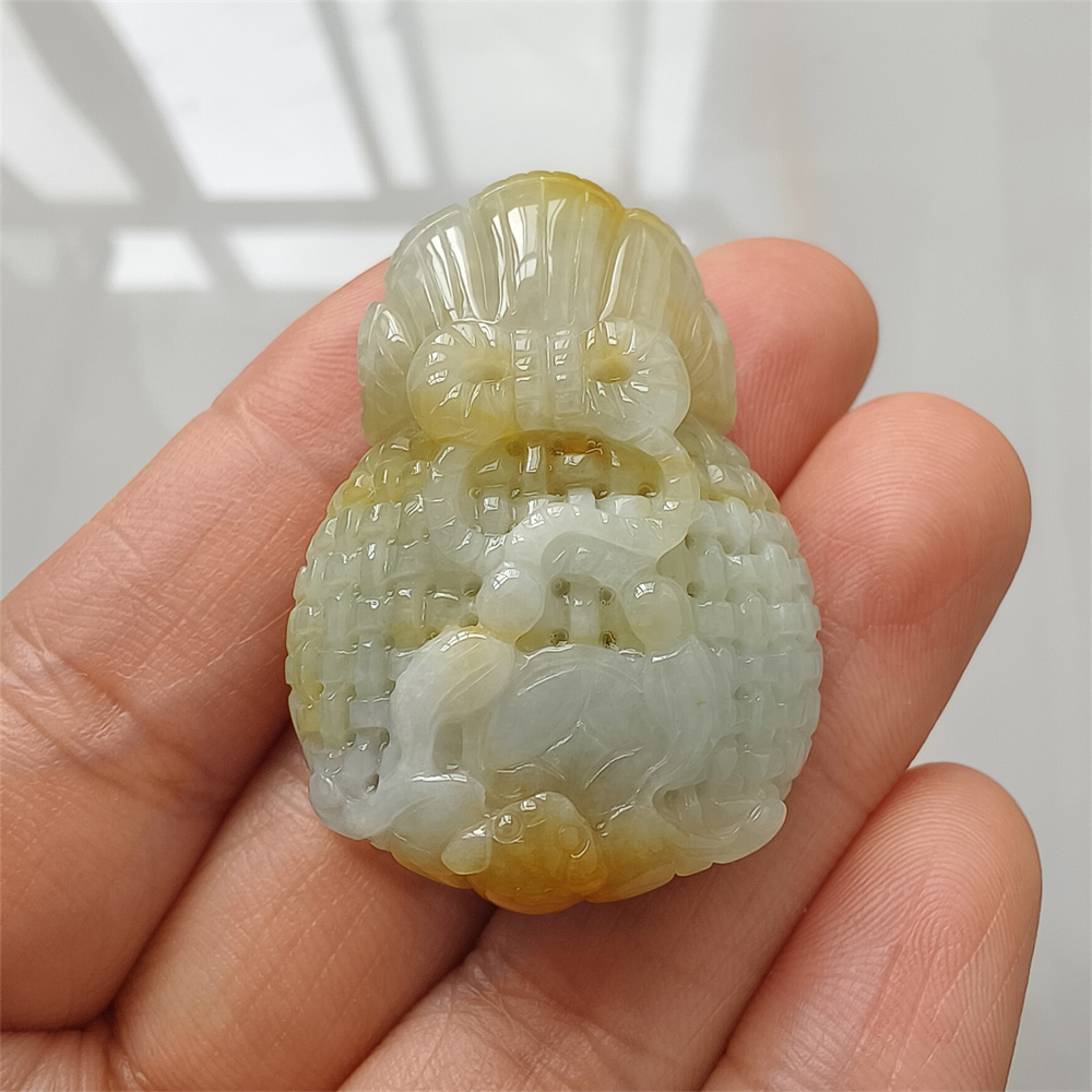 Natural Type A Untreated 38mmX27mmX14mm Icy Waxy Green Yellow Burmese Jadeite Openwork Money Bag Pendant Necklace,Waxy Burma Jadeite Loose Pendant Necklace