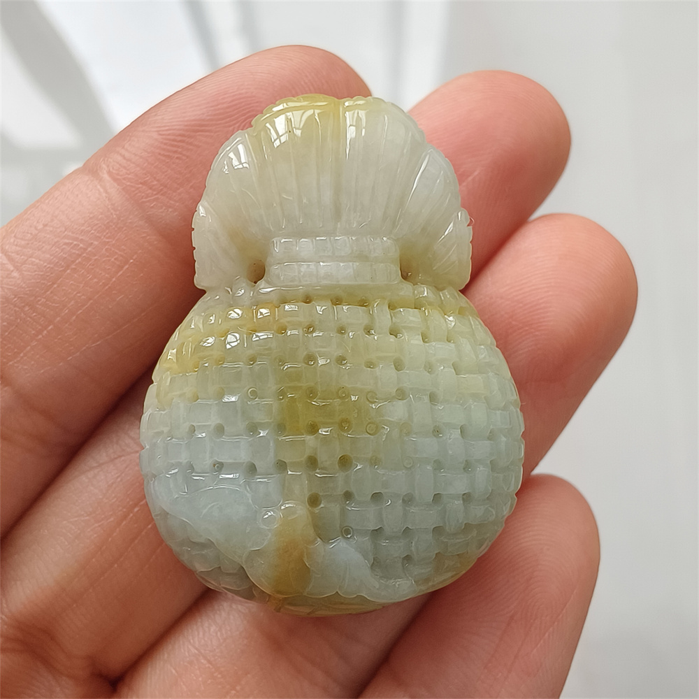 Natural Type A Untreated 38mmX27mmX14mm Icy Waxy Green Yellow Burmese Jadeite Openwork Money Bag Pendant Necklace,Waxy Burma Jadeite Loose Pendant Necklace