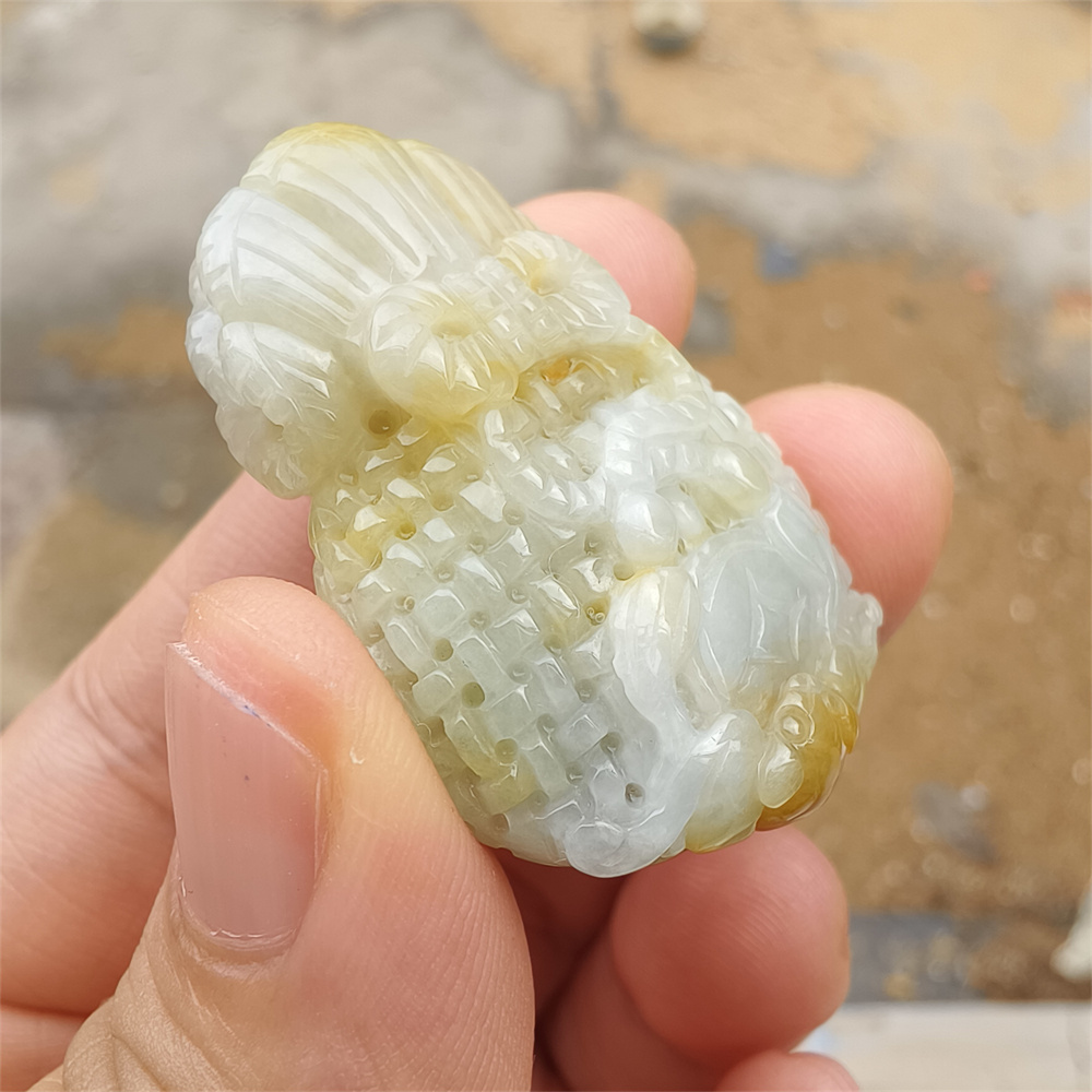 Natural Type A Untreated 38mmX27mmX14mm Icy Waxy Green Yellow Burmese Jadeite Openwork Money Bag Pendant Necklace,Waxy Burma Jadeite Loose Pendant Necklace