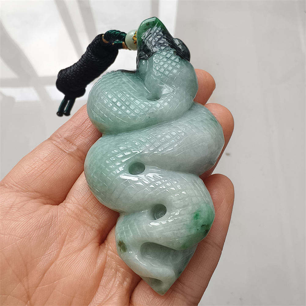 Natural Type A Untreated 87mmX41mmX15mm Green Jadeite With Floating Black Patterns Burmese Jadeite Hand Carved Snake Pendant Necklace,Chinese Zodiac Serpentine Pendant Necklace,DIY Jewelry Supplies