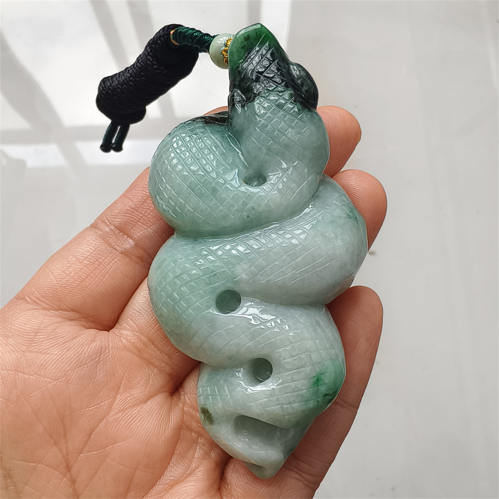 Natural Type A Untreated 87mmX41mmX15mm Green Jadeite With Floating Black Patterns Burmese Jadeite Hand Carved Snake Pendant Necklace,Chinese Zodiac Serpentine Pendant Necklace,DIY Jewelry Supplies