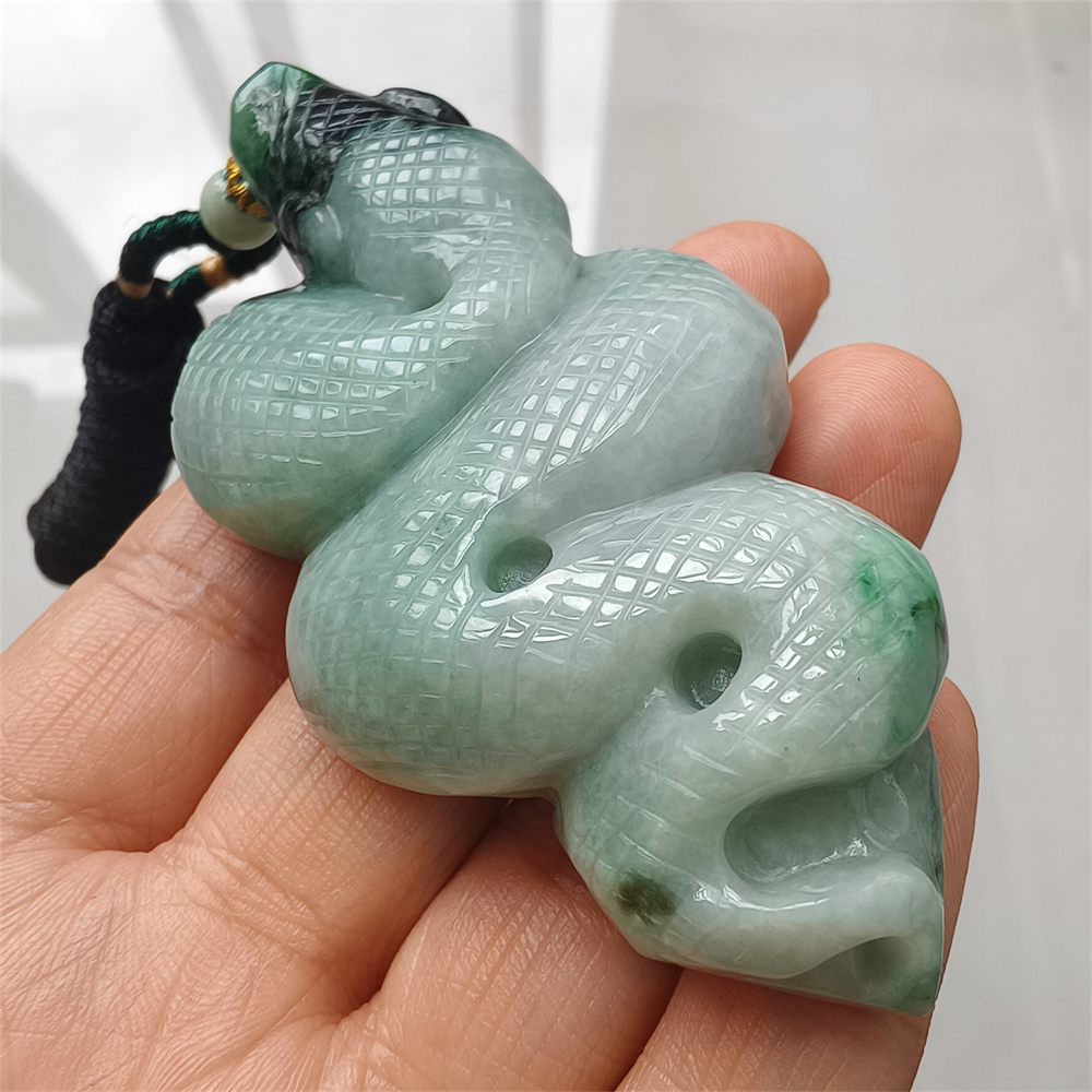 Natural Type A Untreated 87mmX41mmX15mm Green Jadeite With Floating Black Patterns Burmese Jadeite Hand Carved Snake Pendant Necklace,Chinese Zodiac Serpentine Pendant Necklace,DIY Jewelry Supplies