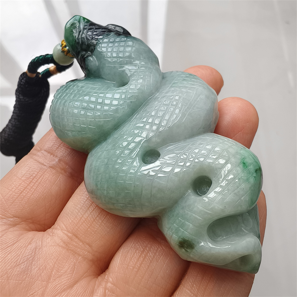 Natural Type A Untreated 87mmX41mmX15mm Green Jadeite With Floating Black Patterns Burmese Jadeite Hand Carved Snake Pendant Necklace,Chinese Zodiac Serpentine Pendant Necklace,DIY Jewelry Supplies
