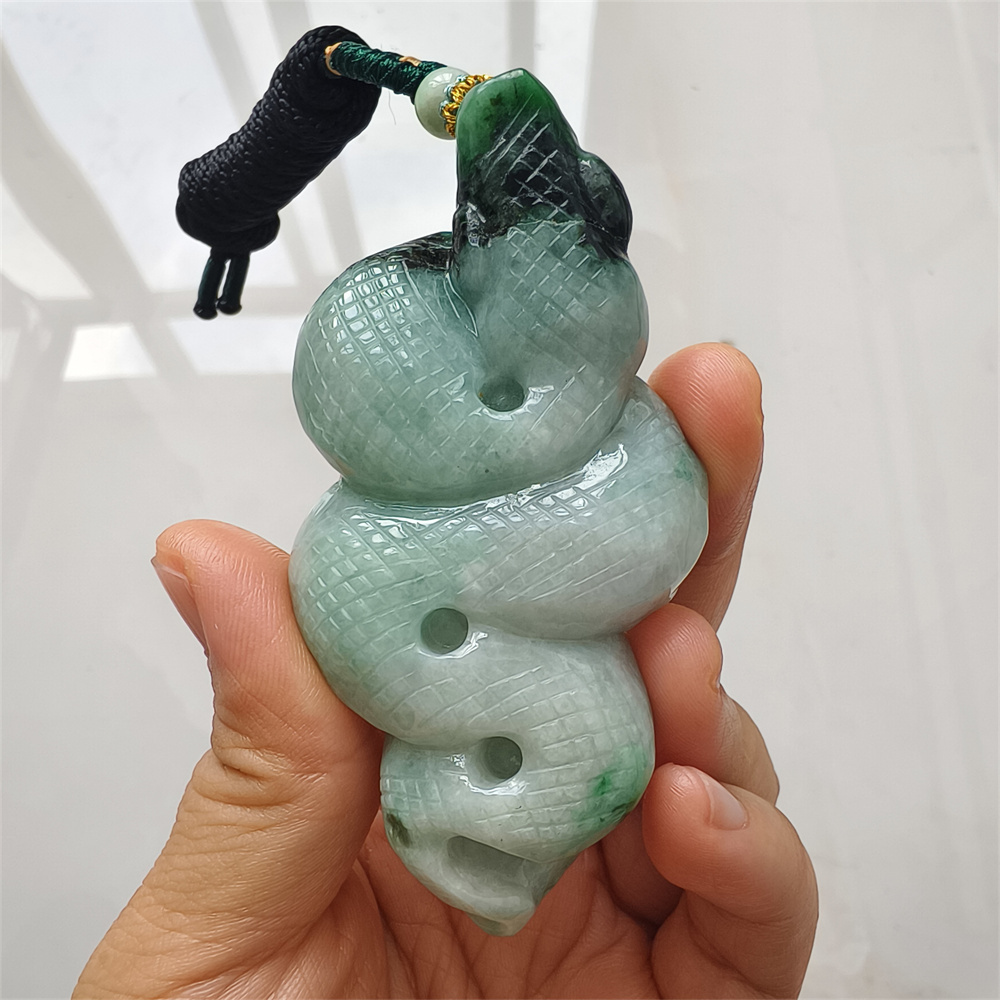 Natural Type A Untreated 87mmX41mmX15mm Green Jadeite With Floating Black Patterns Burmese Jadeite Hand Carved Snake Pendant Necklace,Chinese Zodiac Serpentine Pendant Necklace,DIY Jewelry Supplies