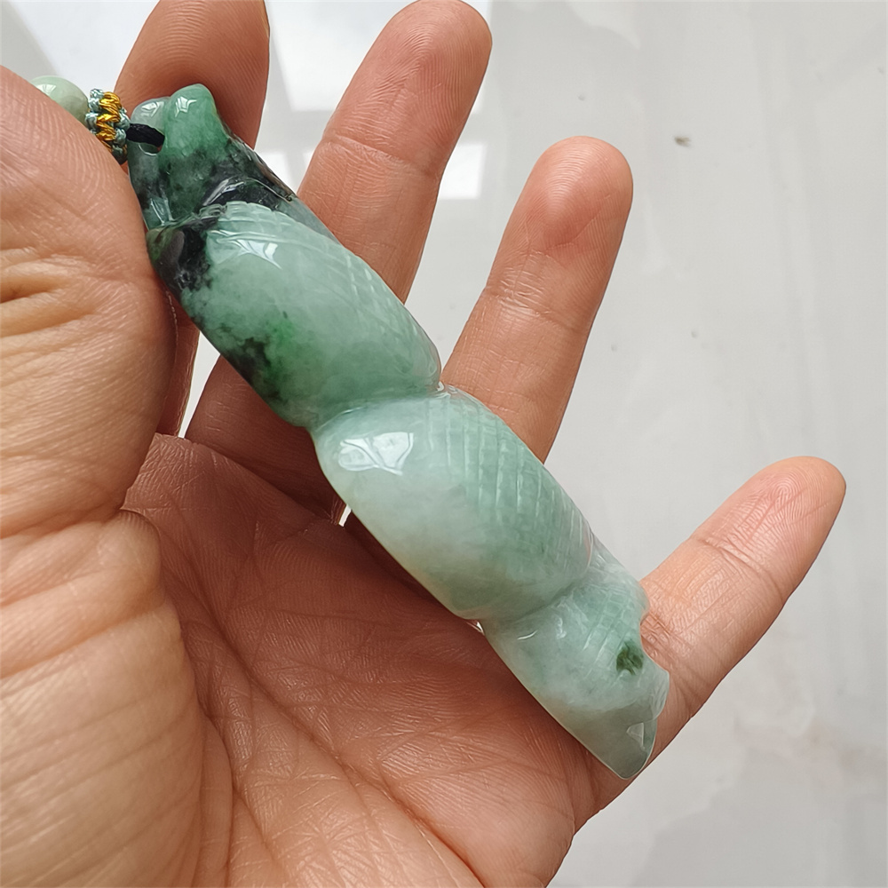 Natural Type A Untreated 87mmX41mmX15mm Green Jadeite With Floating Black Patterns Burmese Jadeite Hand Carved Snake Pendant Necklace,Chinese Zodiac Serpentine Pendant Necklace,DIY Jewelry Supplies