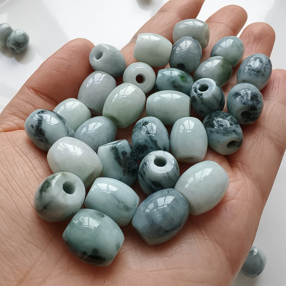 5pcs Natural Type A Moss In Snow Green Floating Flower Burma Jade Big hole Oval Barrel Beads Drum Beads,Burmese Jadeite,DIY Jewelry Supplies