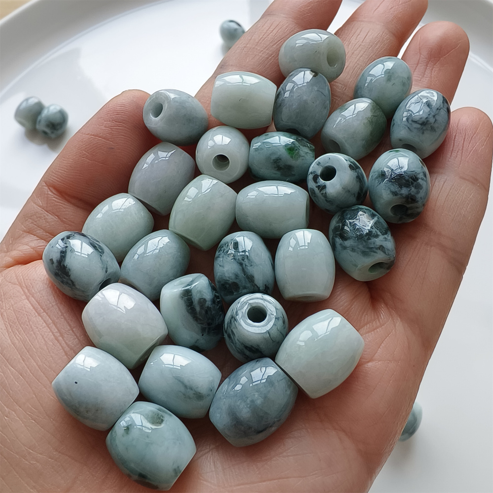 5pcs Natural Type A Moss In Snow Green Floating Flower Burma Jade Big hole Oval Barrel Beads Drum Beads,Burmese Jadeite,DIY Jewelry Supplies