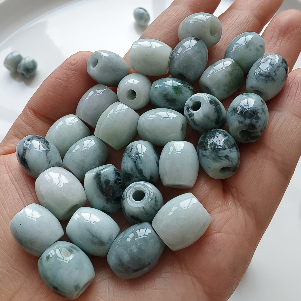 5pcs Natural Type A Moss In Snow Green Floating Flower Burma Jade Big hole Oval Barrel Beads Drum Beads,Burmese Jadeite,DIY Jewelry Supplies