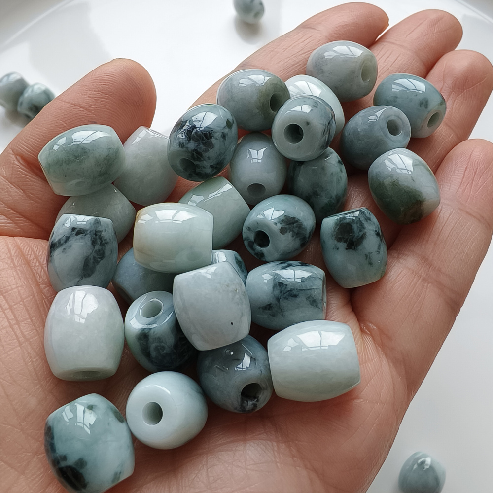 5pcs Natural Type A Moss In Snow Green Floating Flower Burma Jade Big hole Oval Barrel Beads Drum Beads,Burmese Jadeite,DIY Jewelry Supplies