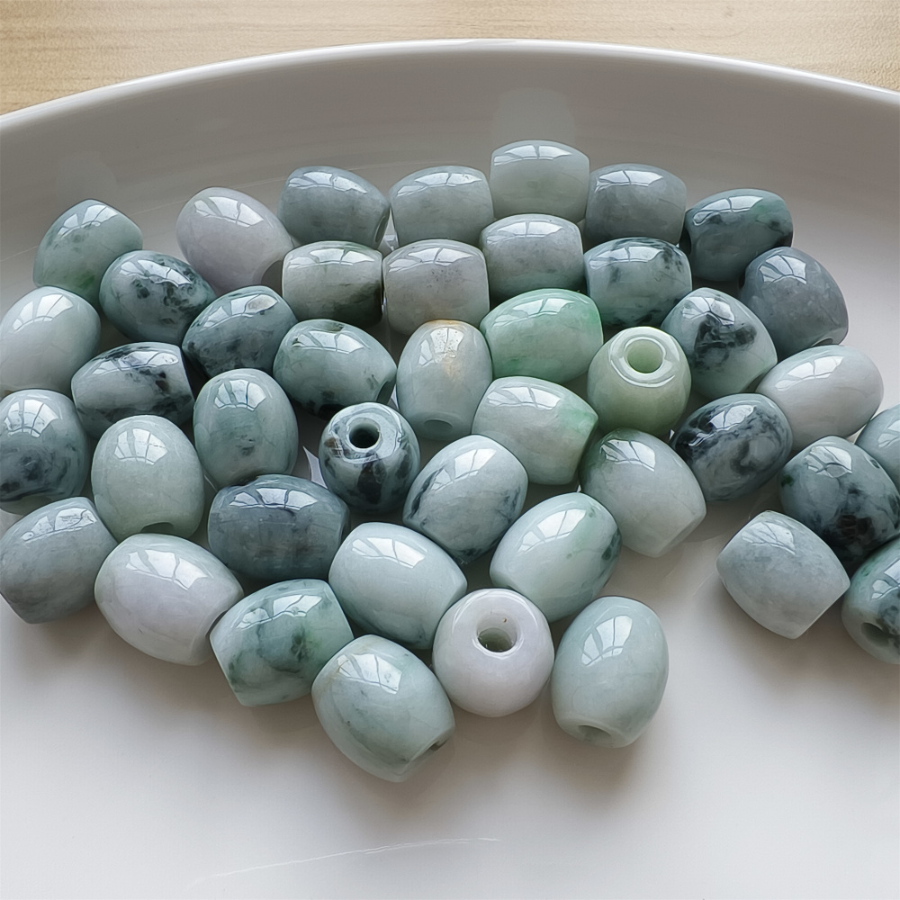 5pcs Natural Type A Moss In Snow Green Floating Flower Burma Jade Big hole Oval Barrel Beads Drum Beads,Burmese Jadeite,DIY Jewelry Supplies