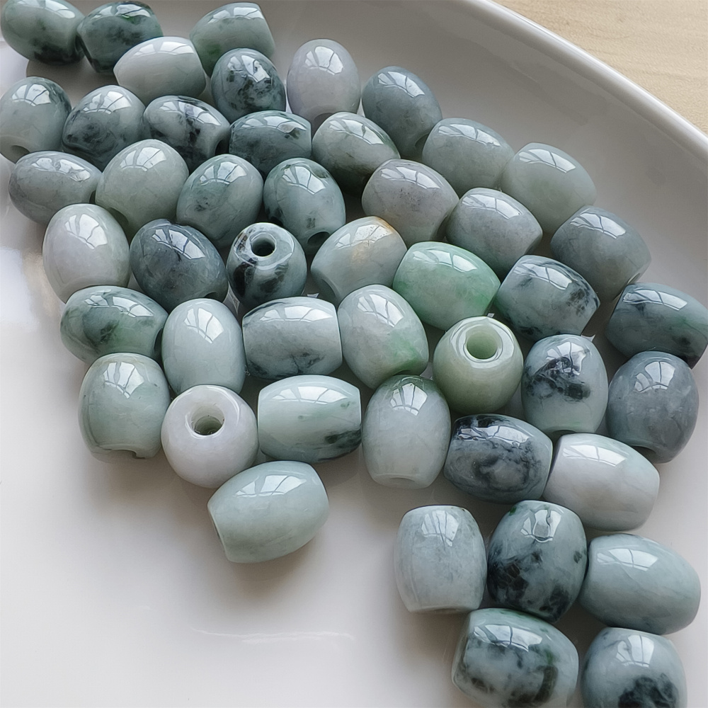 5pcs Natural Type A Moss In Snow Green Floating Flower Burma Jade Big hole Oval Barrel Beads Drum Beads,Burmese Jadeite,DIY Jewelry Supplies