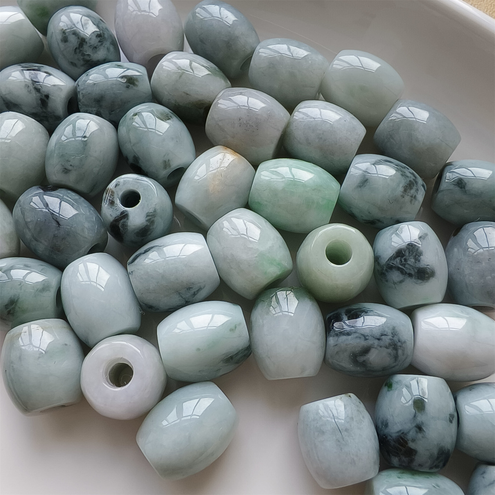 5pcs Natural Type A Moss In Snow Green Floating Flower Burma Jade Big hole Oval Barrel Beads Drum Beads,Burmese Jadeite,DIY Jewelry Supplies