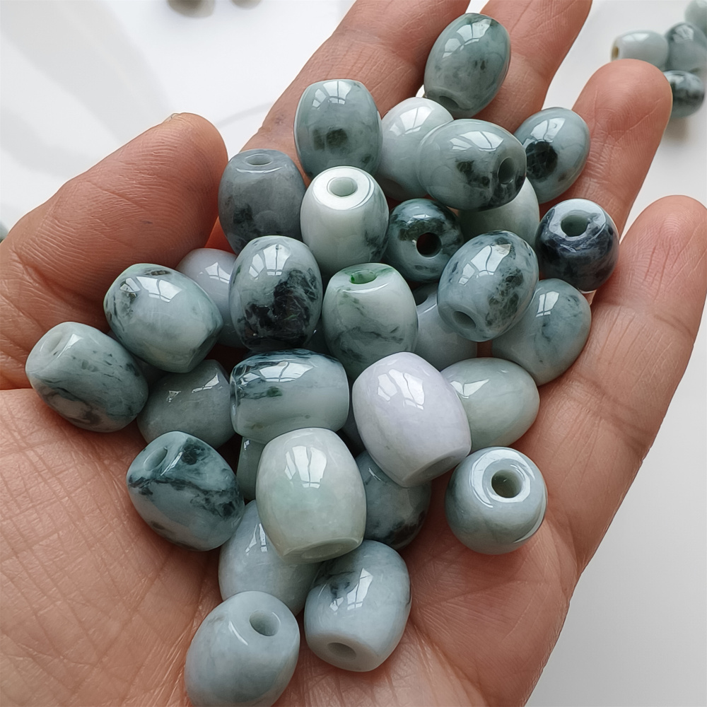5pcs Natural Type A Moss In Snow Green Floating Flower Burma Jade Big hole Oval Barrel Beads Drum Beads,Burmese Jadeite,DIY Jewelry Supplies