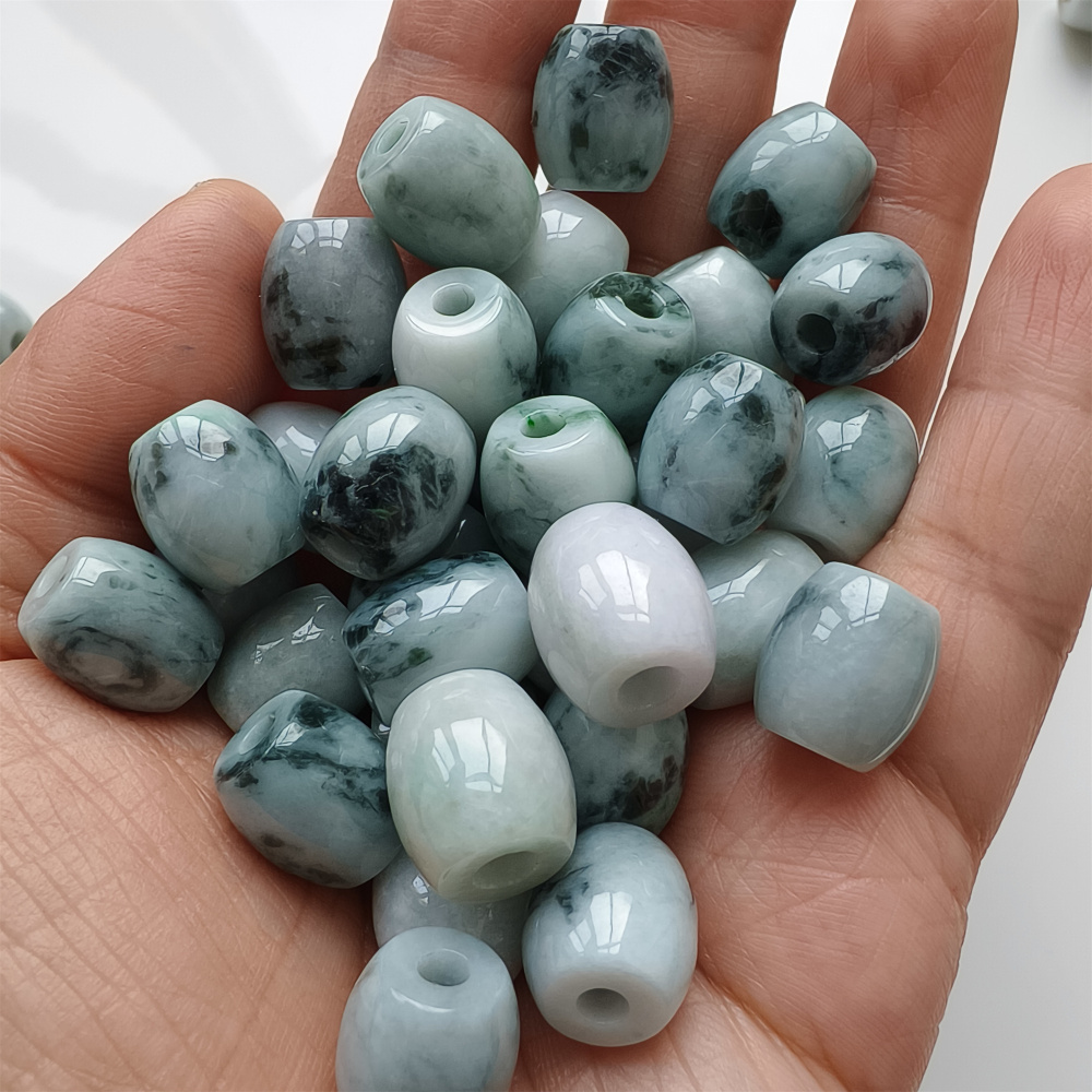 5pcs Natural Type A Moss In Snow Green Floating Flower Burma Jade Big hole Oval Barrel Beads Drum Beads,Burmese Jadeite,DIY Jewelry Supplies