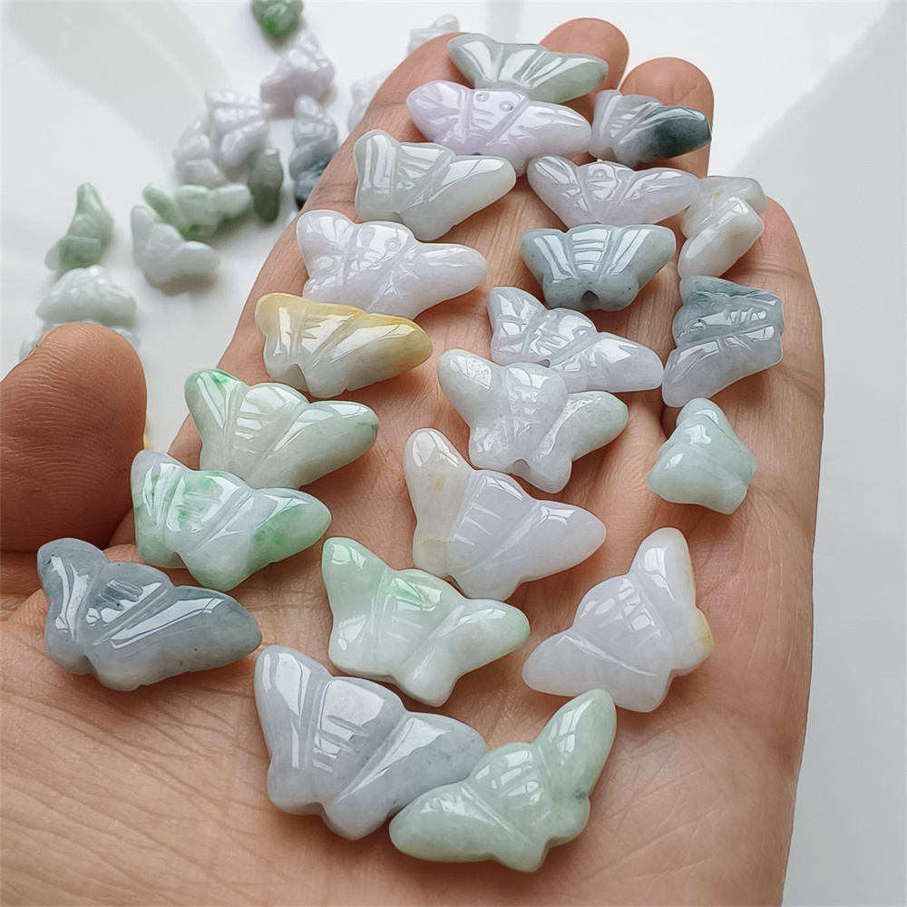 10pcs Natural Certificated Type A 16-24X9-13X4-6mm Green White Burmese Jadeite Butterfly Beads,Myanmar Jadeite Loose Beads,DIY Jewelry Supplies