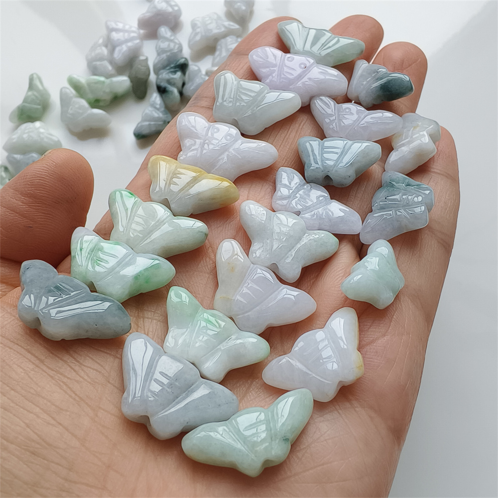 10pcs Natural Certificated Type A 16-24X9-13X4-6mm Green White Burmese Jadeite Butterfly Beads,Myanmar Jadeite Loose Beads,DIY Jewelry Supplies