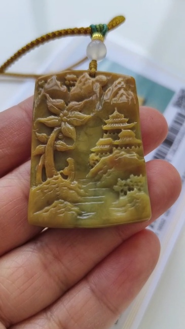 Unique Certificated Natural Type A Untreated 45X30X6mm Yellow Burmese Jadeite Rectangle Pendant With Landscape Carved,DIY Jewelry Supplies