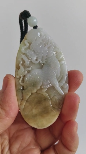 Unique Certificated Natural Type A Untreated 72X39X8mm Yellow White Burmese Jadeite Oval Pendant With Qilin Carved,Amulet Pendant Necklace