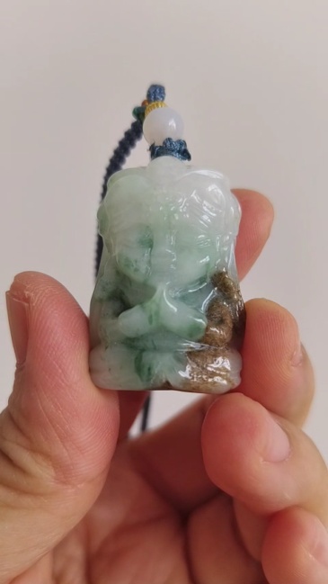 Unique Natural Certificated Type A Untreated 34X23X15mm Green White Brown Watery Burmese Jadeite Baby Buddha Pendant,Double Sided Carved Pendant,DIY Jewelry Supplies