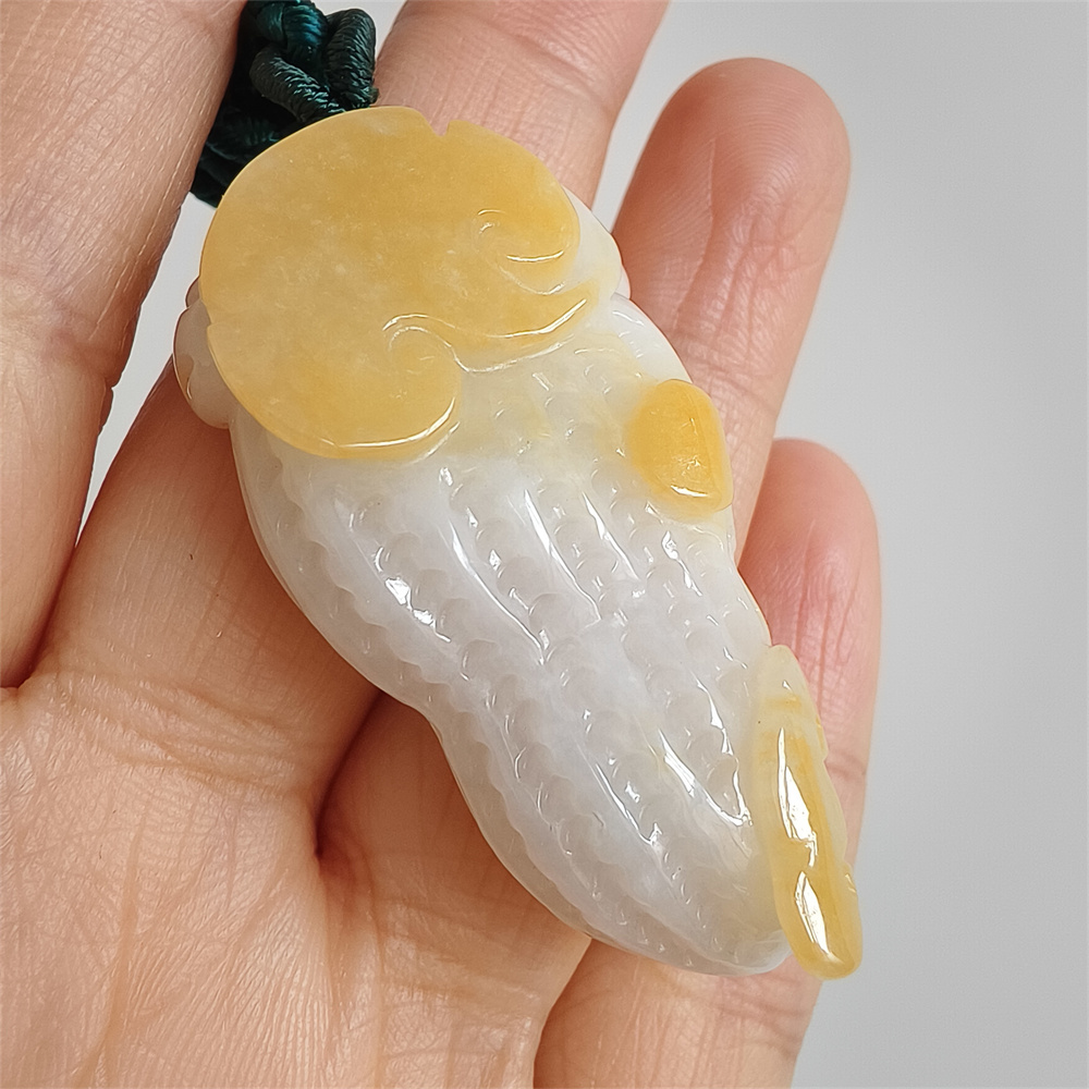 Unique Certificated Natural Yellow Color Heated 46X25X11mm Burmese Jadeite Peanut Pendant With Auspicious Clouds Carved,Burma Jadeite Loose Pendant Necklace,好事发生