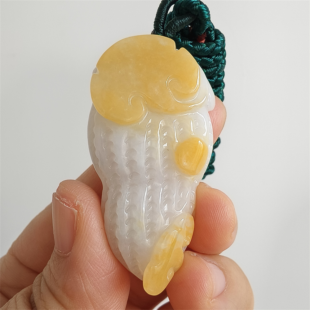 Unique Certificated Natural Yellow Color Heated 46X25X11mm Burmese Jadeite Peanut Pendant With Auspicious Clouds Carved,Burma Jadeite Loose Pendant Necklace,好事发生