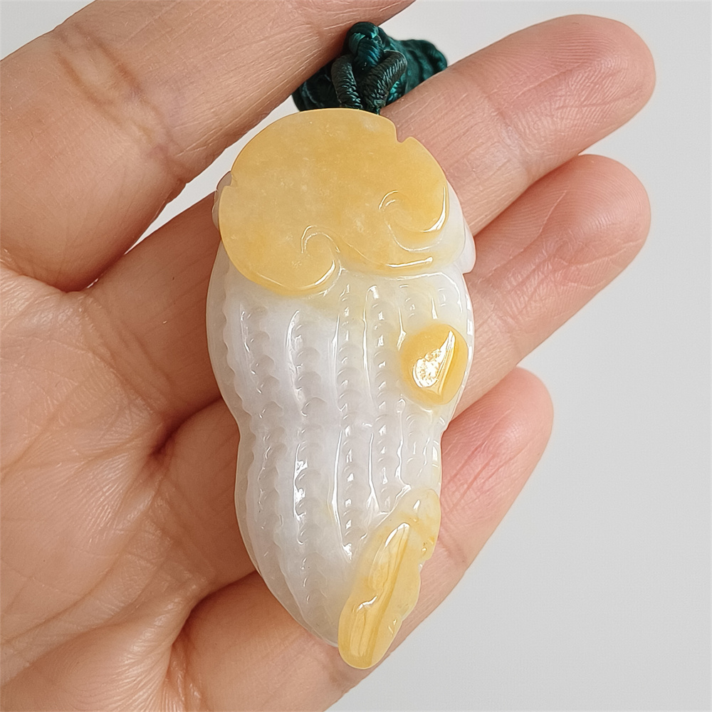 Unique Certificated Natural Yellow Color Heated 46X25X11mm Burmese Jadeite Peanut Pendant With Auspicious Clouds Carved,Burma Jadeite Loose Pendant Necklace,好事发生