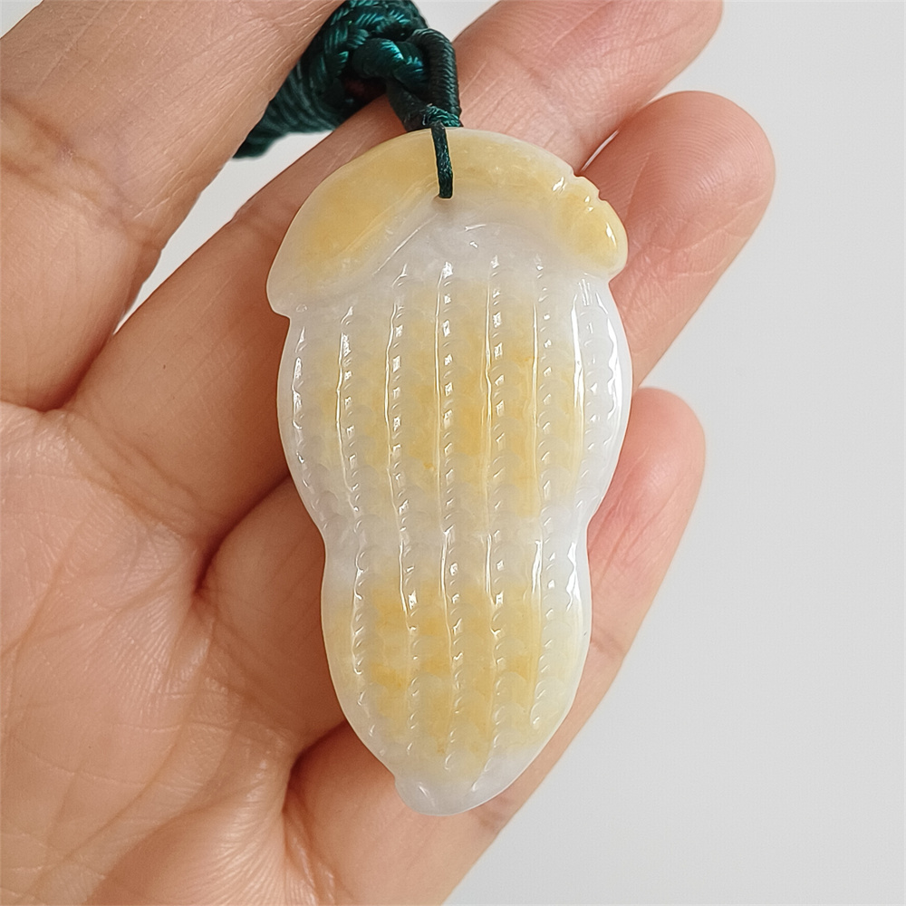 Unique Certificated Natural Yellow Color Heated 46X25X11mm Burmese Jadeite Peanut Pendant With Auspicious Clouds Carved,Burma Jadeite Loose Pendant Necklace,好事发生