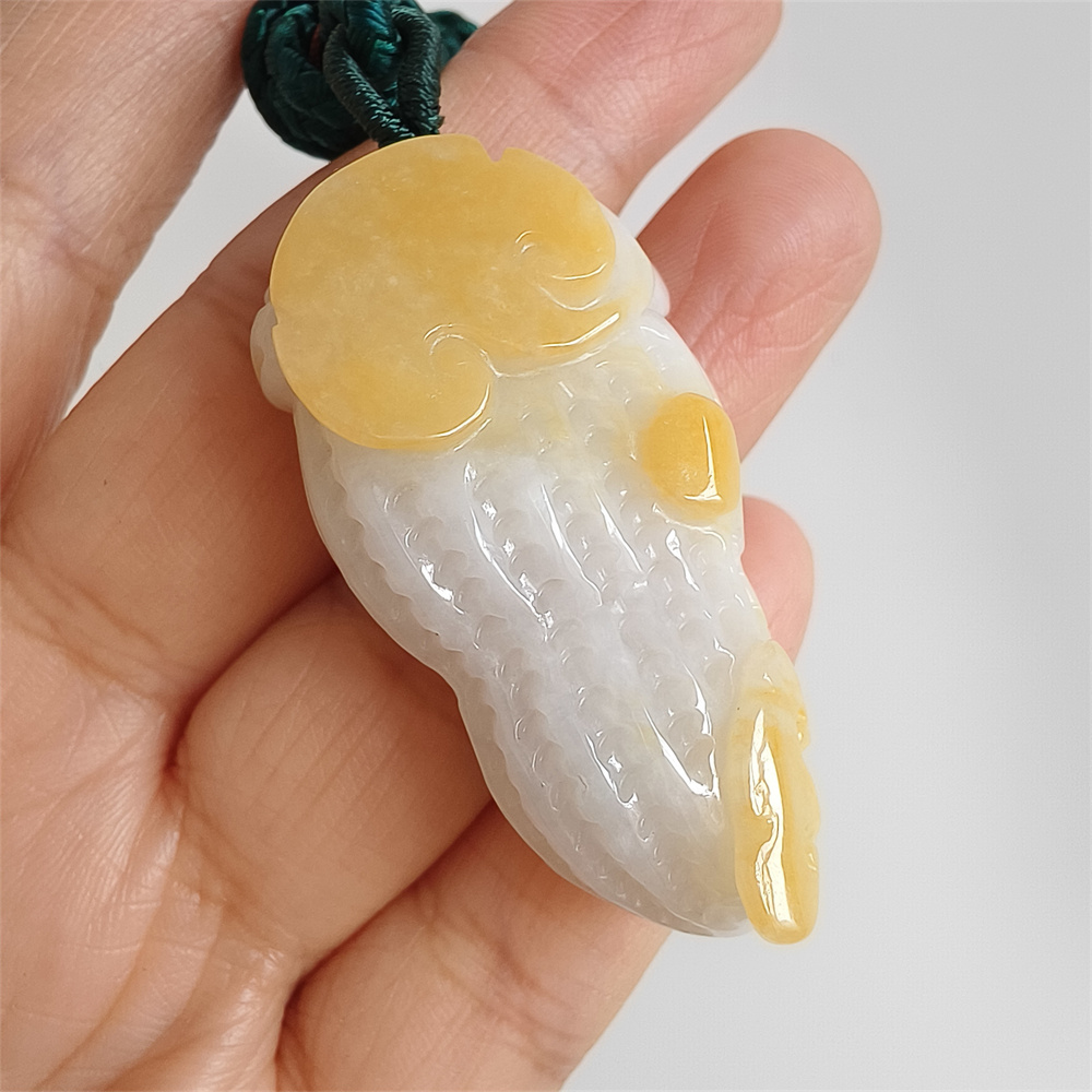 Unique Certificated Natural Yellow Color Heated 46X25X11mm Burmese Jadeite Peanut Pendant With Auspicious Clouds Carved,Burma Jadeite Loose Pendant Necklace,好事发生