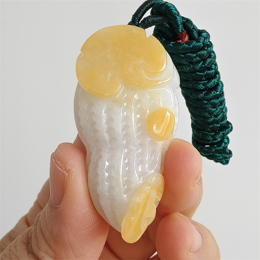 Unique Certificated Natural Yellow Color Heated 46X25X11mm Burmese Jadeite Peanut Pendant With Auspicious Clouds Carved,Burma Jadeite Loose Pendant Necklace,好事发生