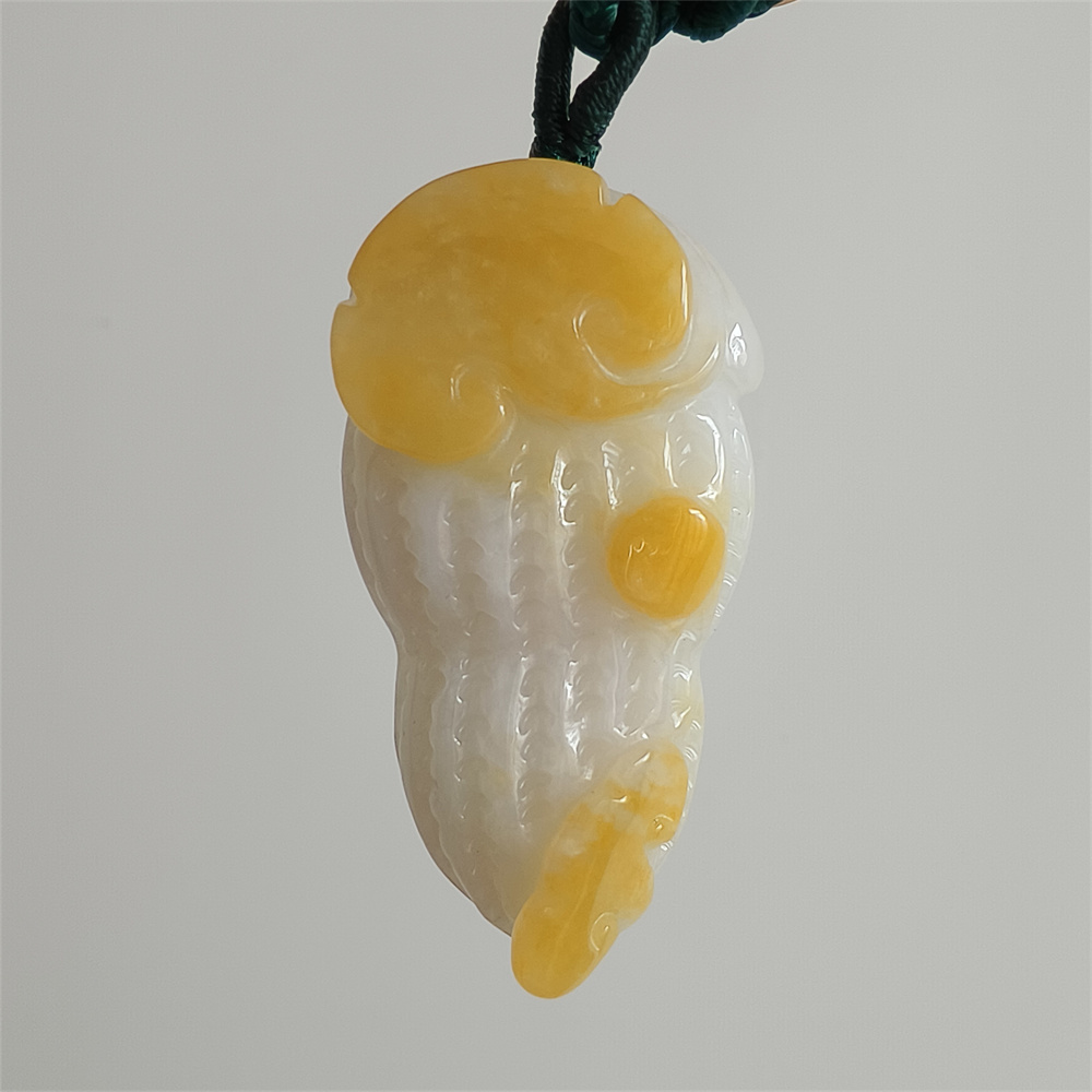 Unique Certificated Natural Yellow Color Heated 46X25X11mm Burmese Jadeite Peanut Pendant With Auspicious Clouds Carved,Burma Jadeite Loose Pendant Necklace,好事发生