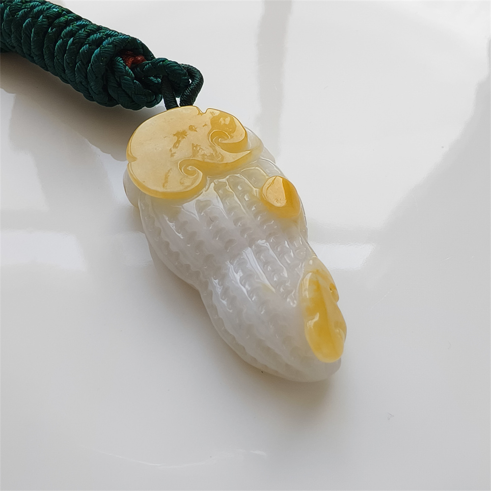 Unique Certificated Natural Yellow Color Heated 46X25X11mm Burmese Jadeite Peanut Pendant With Auspicious Clouds Carved,Burma Jadeite Loose Pendant Necklace,好事发生