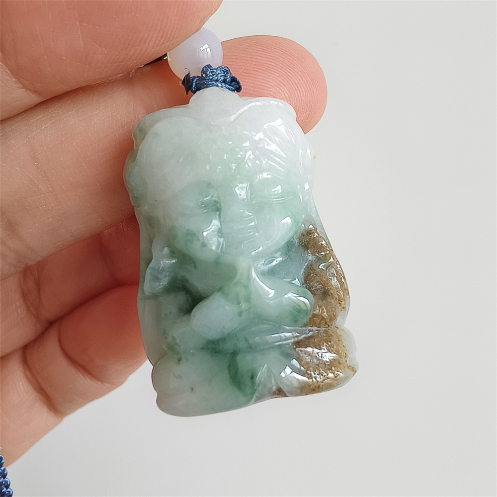 Unique Natural Certificated Type A Untreated 34X23X15mm Green White Brown Watery Burmese Jadeite Baby Buddha Pendant,Double Sided Carved Pendant,DIY Jewelry Supplies