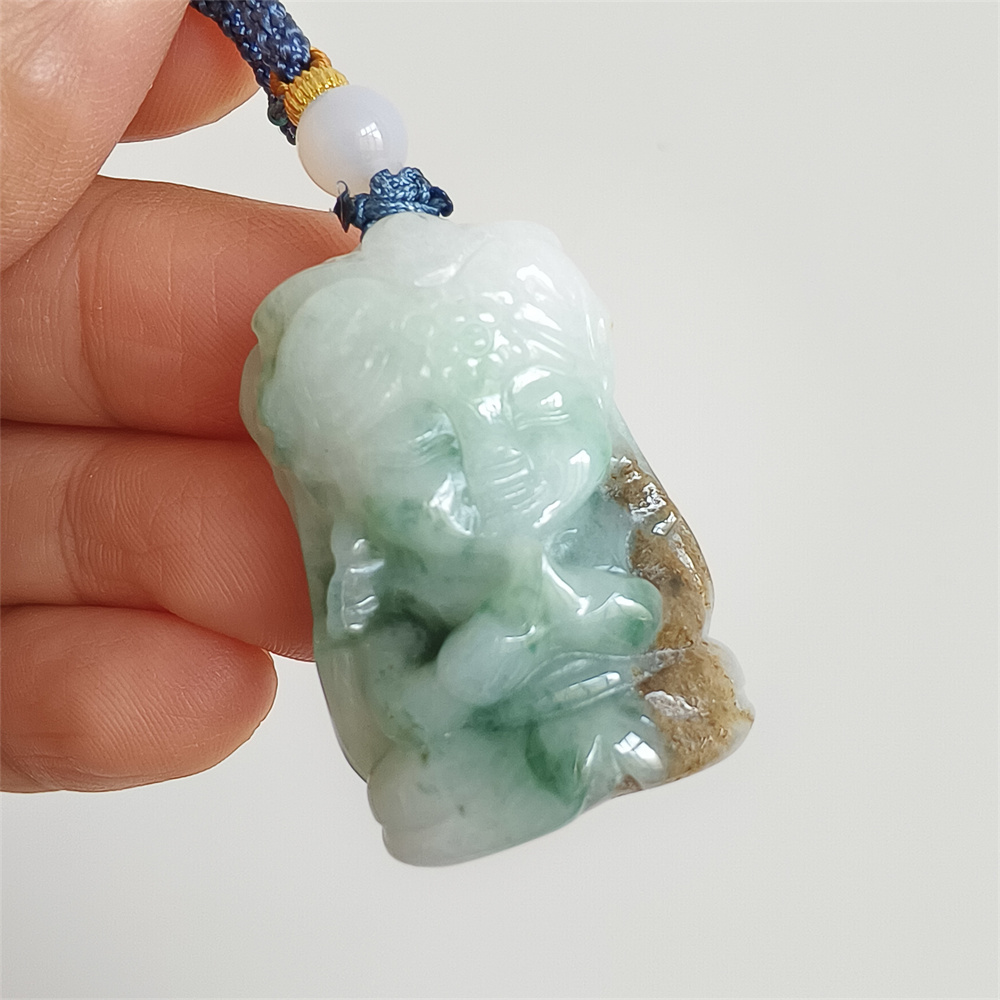 Unique Natural Certificated Type A Untreated 34X23X15mm Green White Brown Watery Burmese Jadeite Baby Buddha Pendant,Double Sided Carved Pendant,DIY Jewelry Supplies